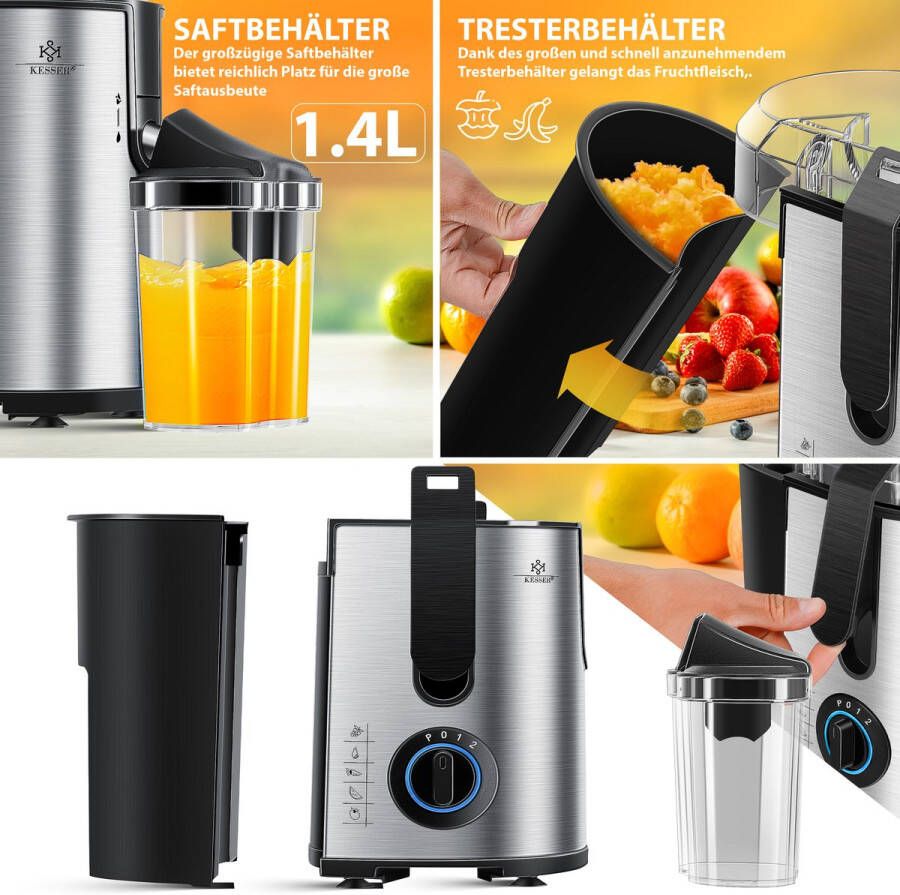 Kesser Slowjuicer Sapcentrifuge voor Fruit en Groenten 1100W Sap Juicer met 2000ml Pulpcontainer en 1000ml sapreservoir Zilver