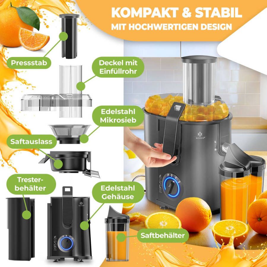 Kesser Slowjuicer Sapcentrifuge voor Fruit en Groenten 1100W Sap Juicer met 2000ml Pulpcontainer en 1000ml sapreservoir Zwart