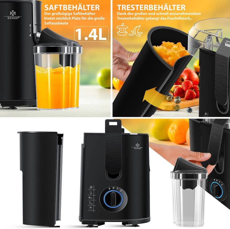 Kesser Slowjuicer Sapcentrifuge voor Fruit en Groenten 1100W Sap Juicer met 2000ml Pulpcontainer en 1000ml sapreservoir Zwart - Foto 2
