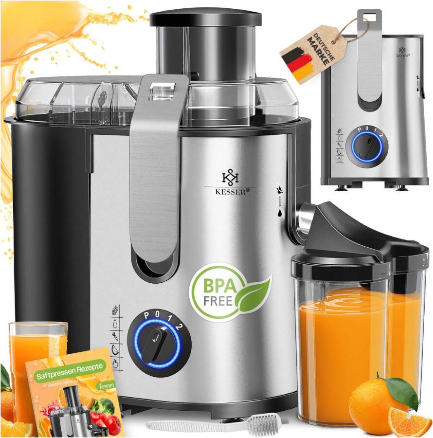 Kesser Slowjuicer Sapcentrifuge voor Fruit en Groenten 1100W Sap Juicer met 2000ml Pulpcontainer en 1000ml sapreservoir Zilver Zilver - Foto 2