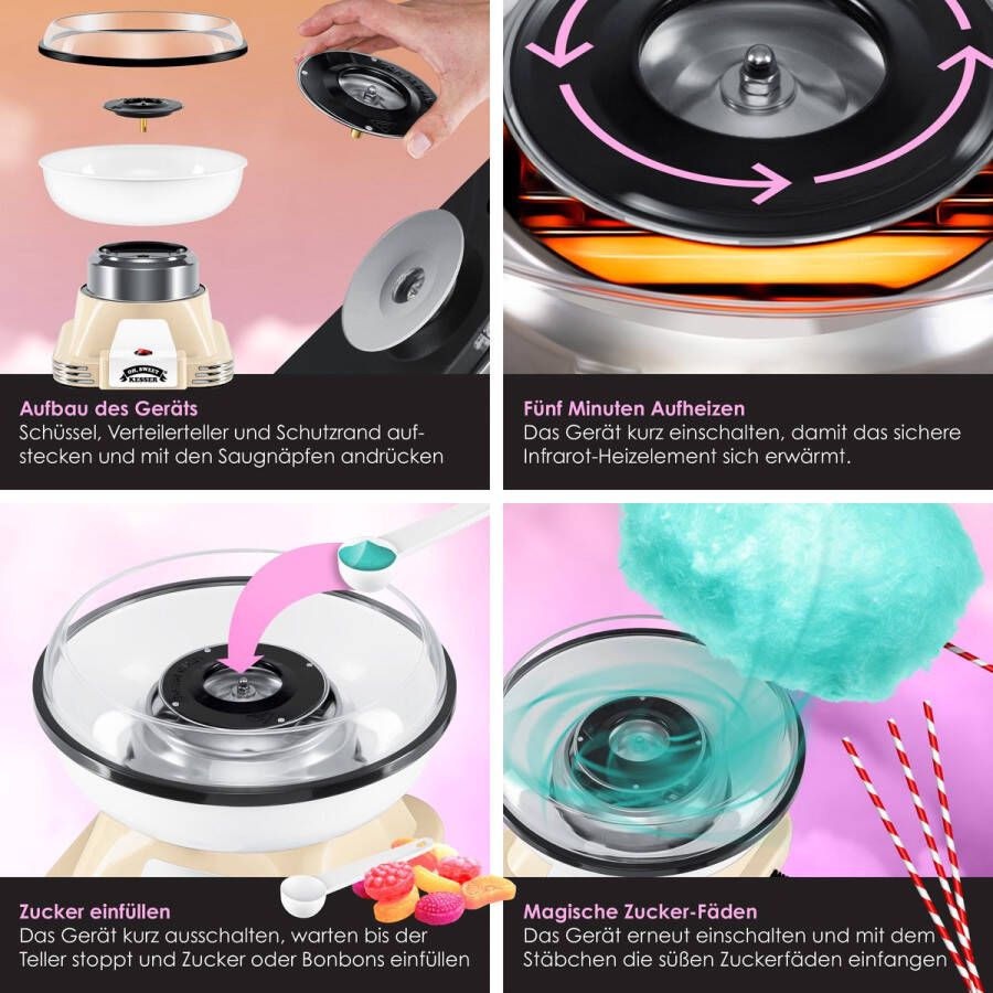 Kesser Suikerspinmachine Set voor thuis Met 30x Suikerspinstaafjes & Maatschep Retro Suikerspinmachine Met Accessoires Hoogte 22 cm 500 W Blauw Wit - Foto 4