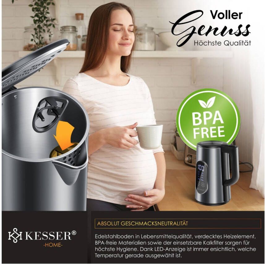 Kesser Waterkoker van roestvrij staal 1 7 liter led-display 4 modi temperatuurinstelling 40 °C tot 100 °C warm houden 30 minuten 2200 W BPA-vrij kalkfilter en Easy-Open-deksel antraciet