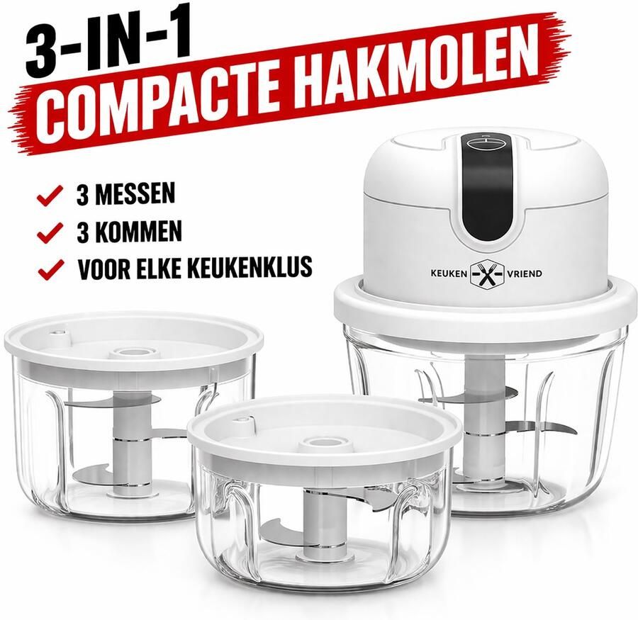 Keuken vriend Keukenvriend © Hakmolen SET 350 + 250 + 100ML Hulpje in de keuken Hakmolen elektrisch Vaatwasbestendig USB oplaadbaar Mini Portable Chopper Blender Keukenmachine Krachtig Draadloos Babyvoeding blender