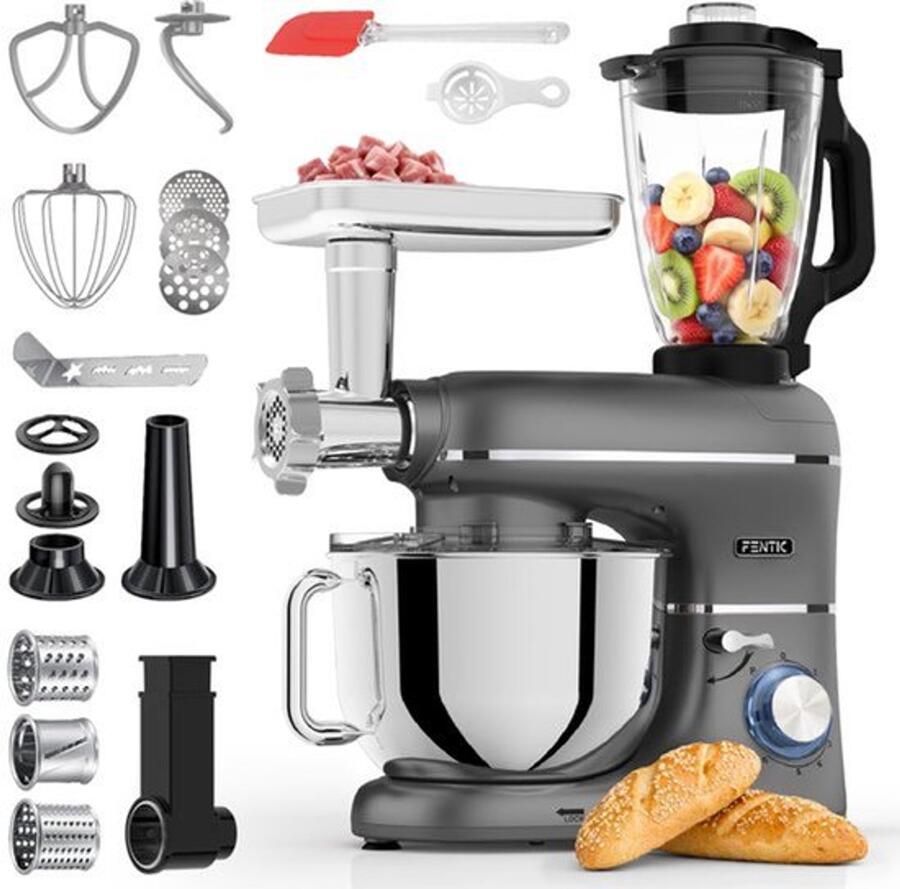 Keukenmachine – 2000W – Keukenrobot – Foodprocessor 6 2L Mengkom – Incl. Vleesmolen Blender en extra Accessoires (Antraciet)