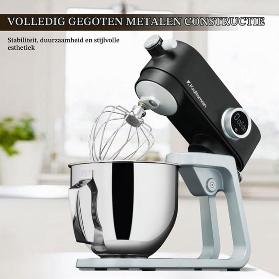 Keukenmachine volledig metalen kneedmachine deegmachine met universele stroominterface 8 snelheden en timerfunctie roermachine met garde kneedhaak en garde zwart