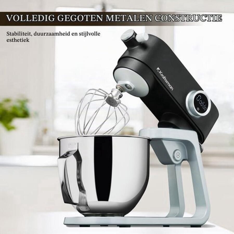Keukenmachine volledig metalen kneedmachine deegmachine met universele stroominterface 8 snelheden en timerfunctie roermachine met garde kneedhaak en garde zwart