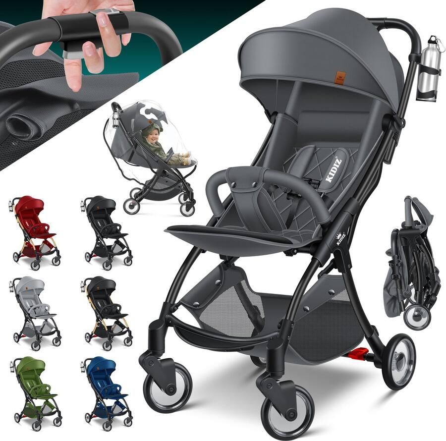 Kidiz Kinderwagen Premium inklapbare buggy met ligstand 360° wielen en 5-puntsgordel khaki