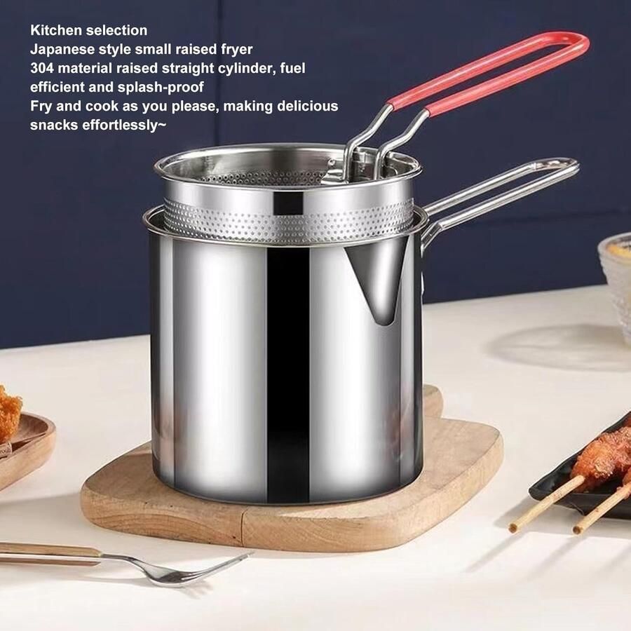 Killogood Kleine frituurpan met mandje mini-friteuse apparaat van 304 roestvrij staal met hittebestendige siliconen handgreep frituurpan voor thuisgebruik