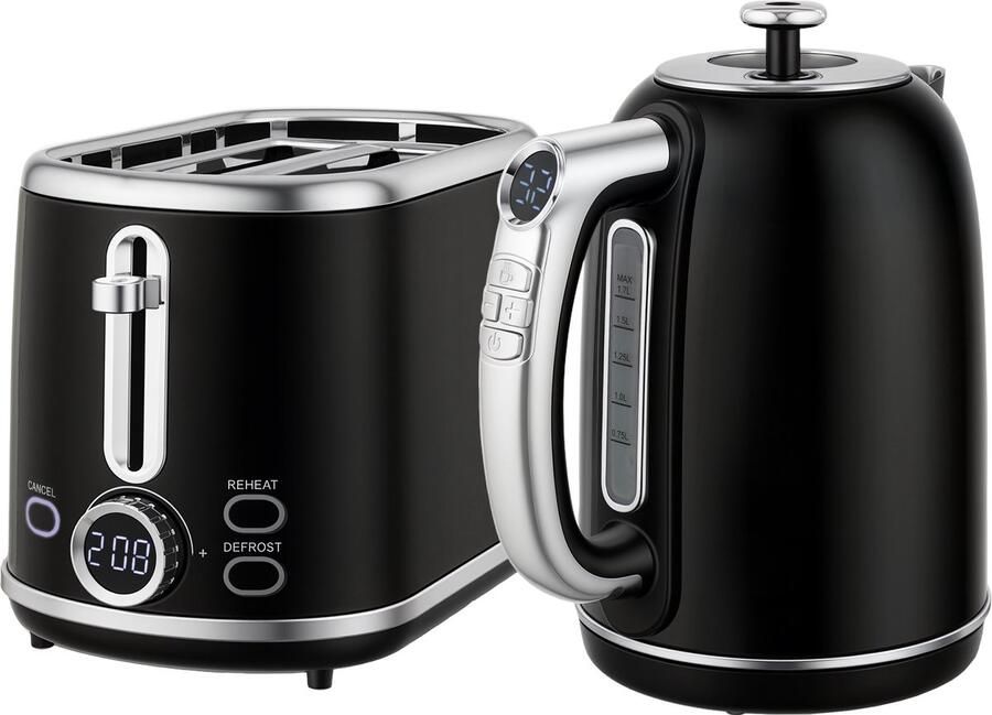 Killogood Waterkoker en broodrooster set 1 7L roestvrijstalen waterkoker 2200W en 2-slice broodrooster zwart - Foto 1