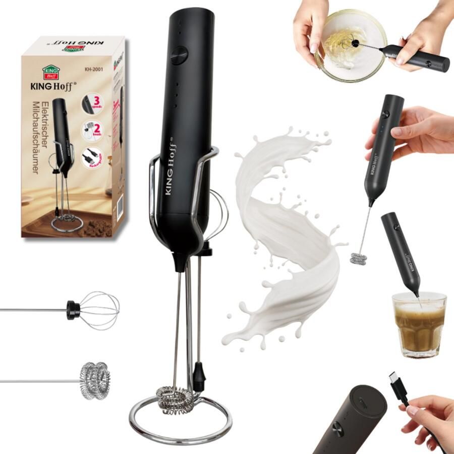 KINGHOFF Elektrische Melkopschuimer – Draadloos – USB-C Oplaadbaar – 3 Snelheden – 2 Opzetstukken – KH-2001