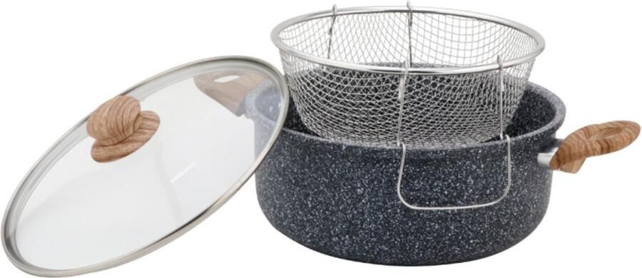 KINGHOFF KH-1985 4.0 Liter Frituur Pan met Mand Marmer Non-Stick Geschikt voor Alle Kookplaten Inclusief Inductie 24 cm Frituurpan met Korf Friteuse
