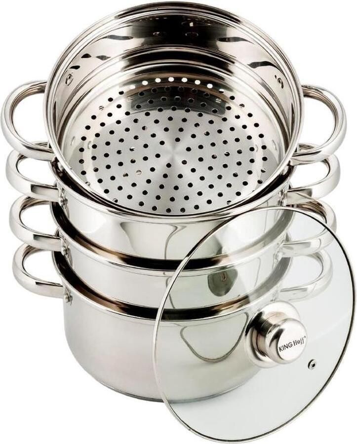 KINGHOFF KH-3317 Stoompan set ∅ 18cm 5 delig Geschikt voor alle warmtebronnen Zilver Glazen stoomruimtes Stoomkookpan