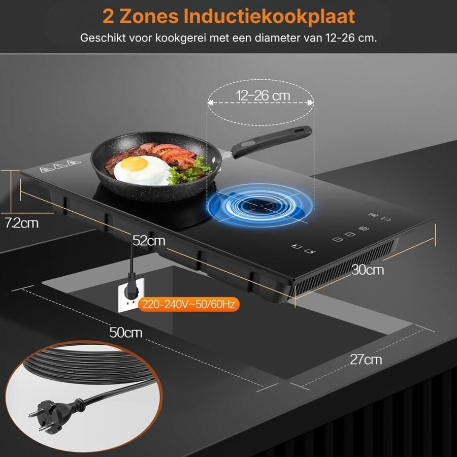 KIRA Inductie Kookplaat Inbouw 2 Pitten Inductiekookplaat Ingebouwde inductiekookplaat Zwart 52cm x 30cm x 8cm