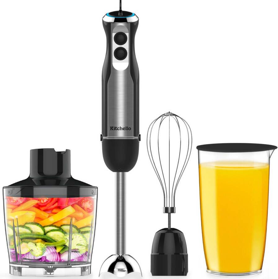 Kitchello Staafmixer 5-in-1 Staafmixer Set Met Hakmolen Garde Maatbeker 1000 Watt Met Accessoires Soepmaker Handmixer Blender 21 Snelheden Turbo Functie Zwart RVS Incl. Ebook