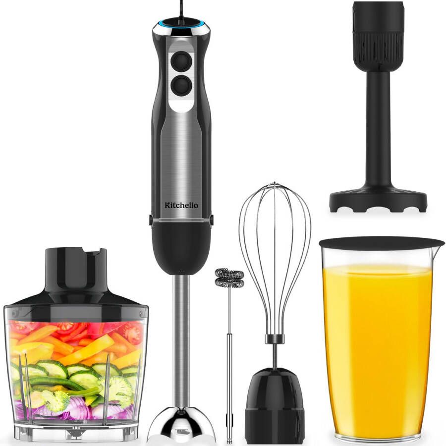 Kitchello 7 in 1 Staafmixer set Met Hakmolen Garde Melkopschuimer Pureerstaaf en Maatbeker 1000 Watt Met Accessoires Soepmaker Handmixer & Blender 21 Snelheden Turbo Functie Zwart RVS Metaal - Foto 2