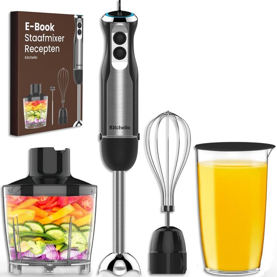 Kitchello Staafmixer 5-in-1 Staafmixer Set Met Hakmolen Garde Maatbeker 1000 Watt Met Accessoires Soepmaker Handmixer Blender 21 Snelheden Turbo Functie Zwart RVS Incl. Ebook