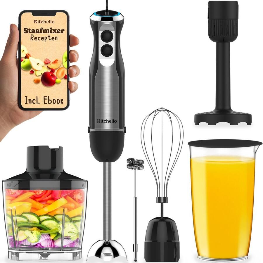 Kitchello 7 in 1 Staafmixer set Met Hakmolen Garde Melkopschuimer Pureerstaaf en Maatbeker 1000 Watt Met Accessoires Soepmaker Handmixer & Blender 21 Snelheden Turbo Functie Zwart RVS Metaal