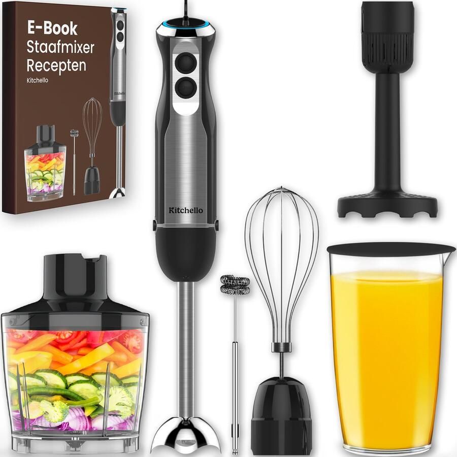 Kitchello 7 in 1 Staafmixer set Met Hakmolen Garde Melkopschuimer Pureerstaaf en Maatbeker 1000 Watt Met Accessoires Soepmaker Handmixer & Blender 21 Snelheden Turbo Functie Zwart RVS Metaal