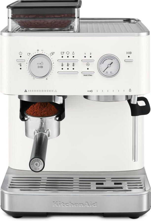 KitchenAid Halfautomatische Espressomachine met Koffiemolen Ingebouwde koffiemolen kantelbaar stoompijpje 15 bar pomp en drukmeter Porcelain White
