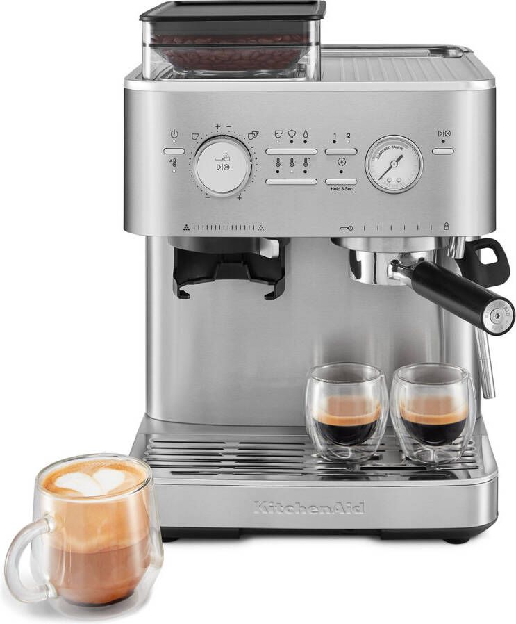 KitchenAid Halfautomatische Espressomachine met Koffiemolen Ingebouwde koffiemolen kantelbaar stoompijpje 15 bar pomp en drukmeter Roestvrij staal