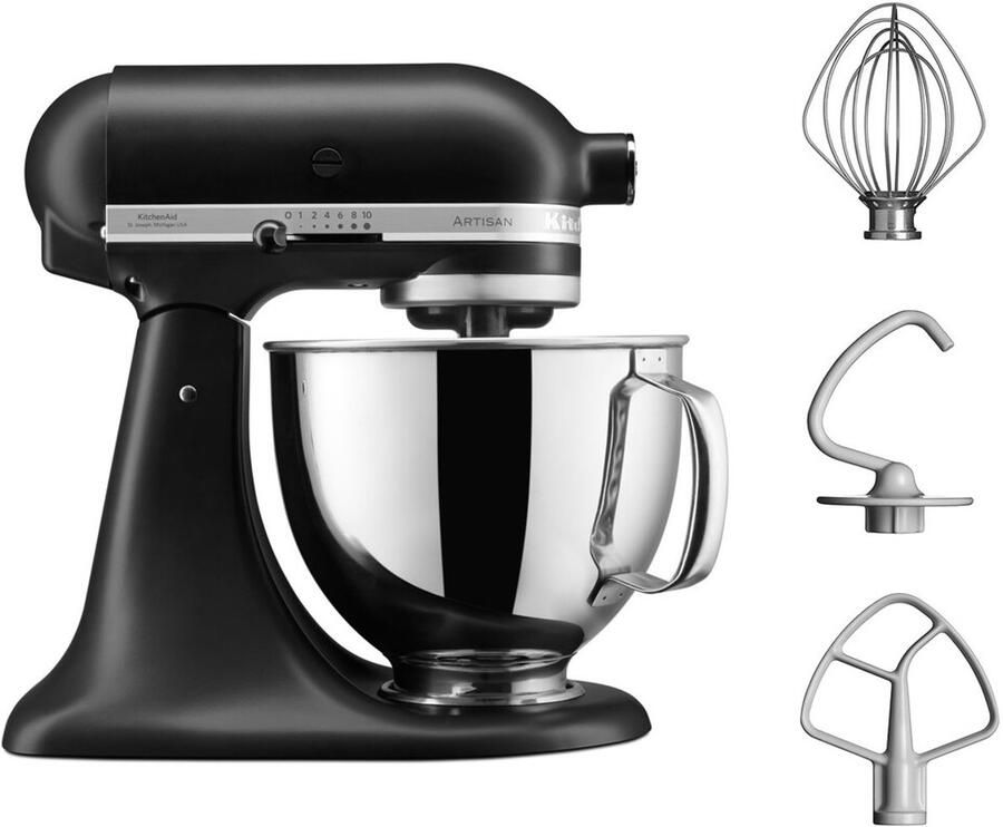 KitchenAid Keukenmachine Artisan Keukenrobot met 3 accessoires en kom van 4 8 L uit roestvrij staal 300 W Matzwart