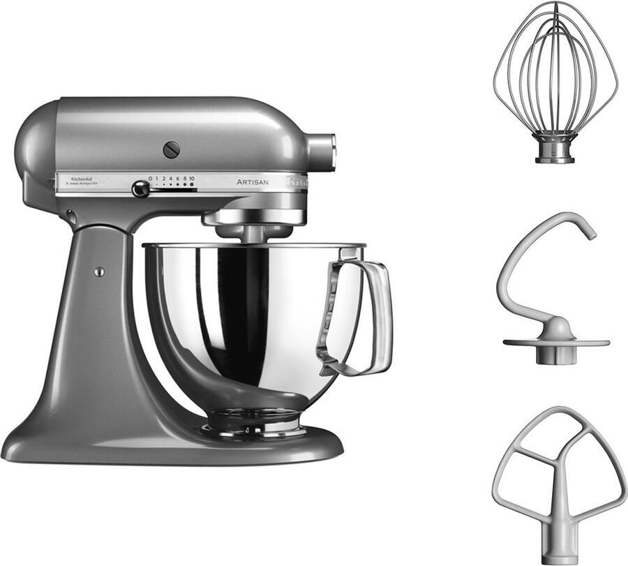 KitchenAid Keukenmachine Artisan Keukenrobot met 3 accessoires en kom van 4 8 L uit roestvrij staal 300 W Contour zilver - Foto 2