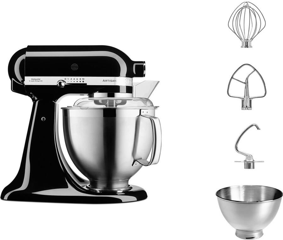 KitchenAid keukenmachine Artisan Keukenrobot met 3 accessoires uit roestvrij staal schenkschild en 2 mengkommen 300 W 3 L en 4 8 L Onyx zwart