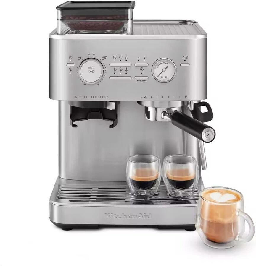KitchenAid Halfautomatische Espressomachine met Koffiemolen Ingebouwde koffiemolen kantelbaar stoompijpje 15 bar pomp en drukmeter Porcelain White