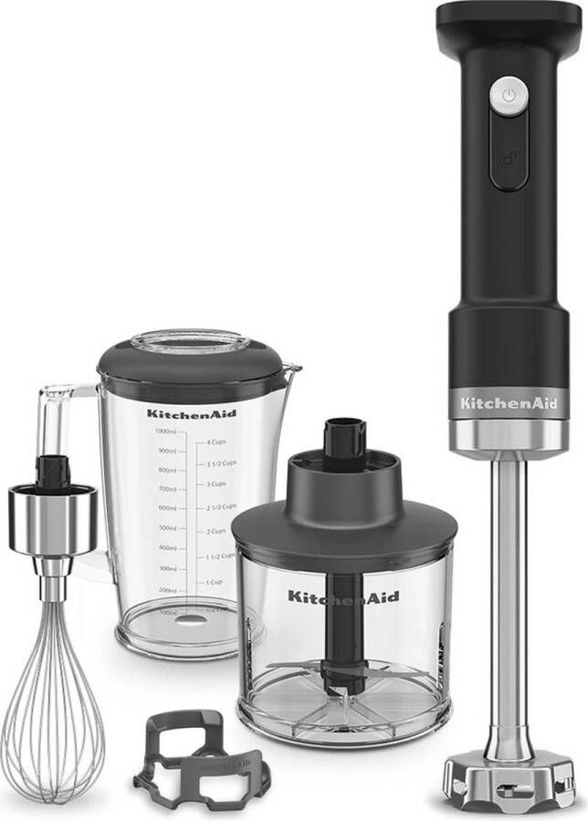 KitchenAid Go Draadloze staafmixer zonder batterij Inbegrepen mengbeker van 1 L met deksel draadgarde hakmolen en mixstaaf met roestvrijstalen mes Matt Zwart