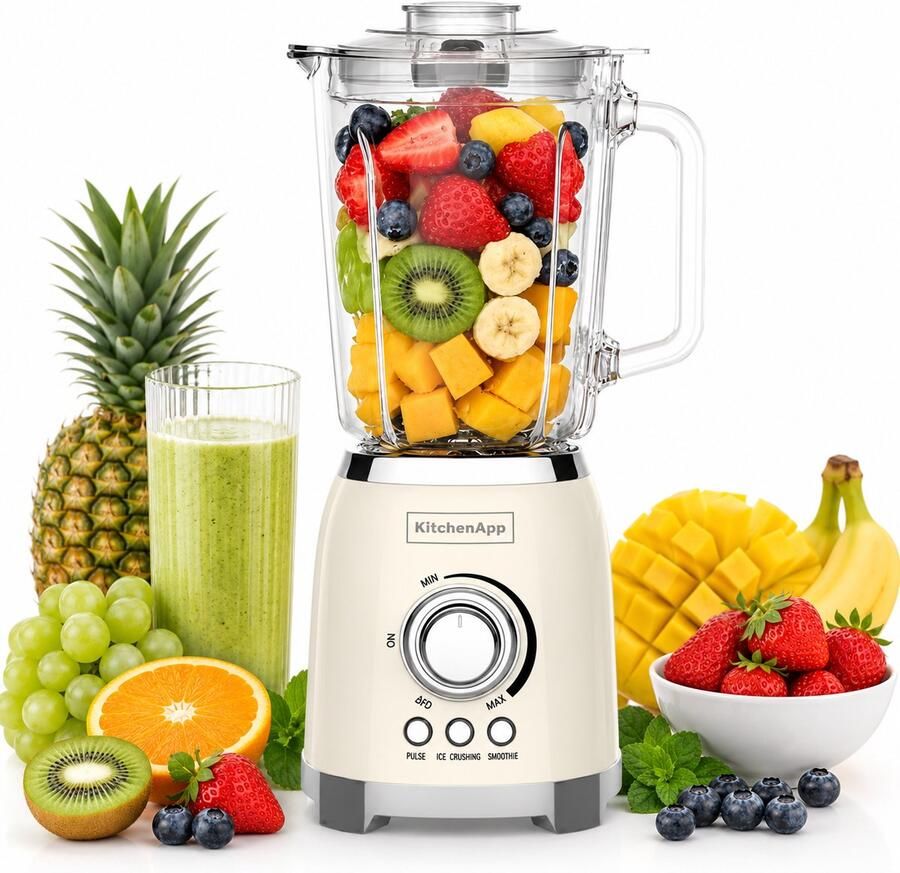 KitchenApp Retro Blender 1.5L – 800W – Crushed Ice Smoothie & Pulse – Power blender – Beige