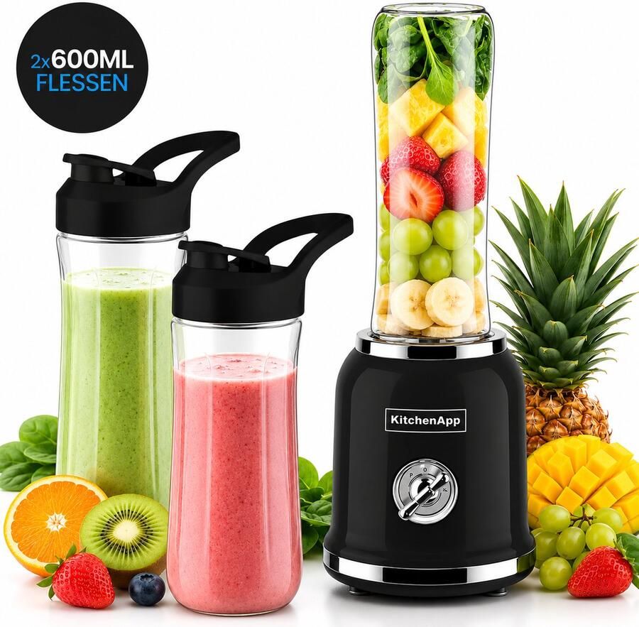 KitchenApp Retro blender to go Inclusief Ebook Smoothie maker Inclusief twee bekers en meerdere accessoires Zwart