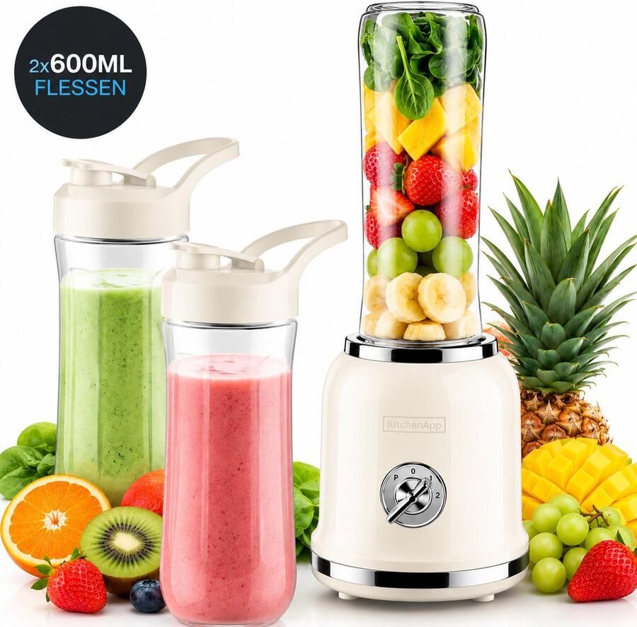 KitchenApp Retro blender to go Inclusief Ebook Smoothie maker Inclusief twee bekers en meerdere accessoires Beige