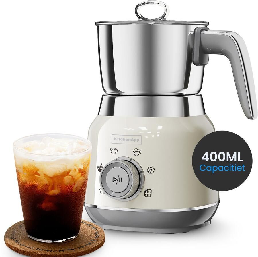 KitchenApp Retro Melkopschuimer RVS kan – PFAS-vrij – Vaatwasserbestendig – Beige