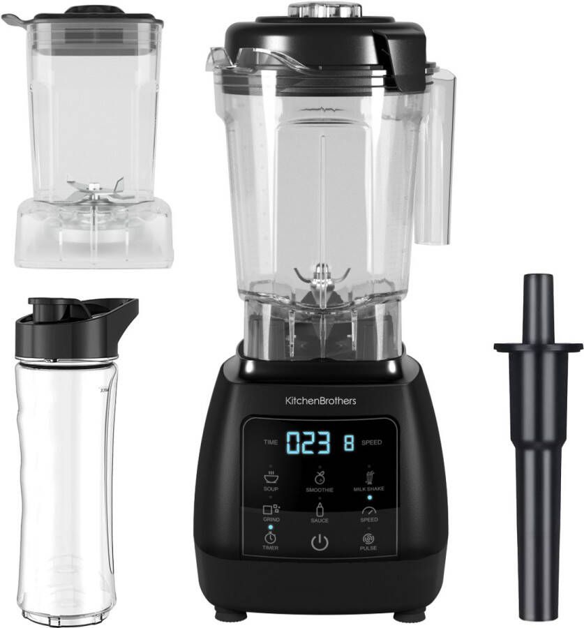 KitchenBrothers 2-in-1 Power Blender 1600W 2L Complete Set met Hakmolen en To-go Beker Smoothie Maker IJscrusher Zwart