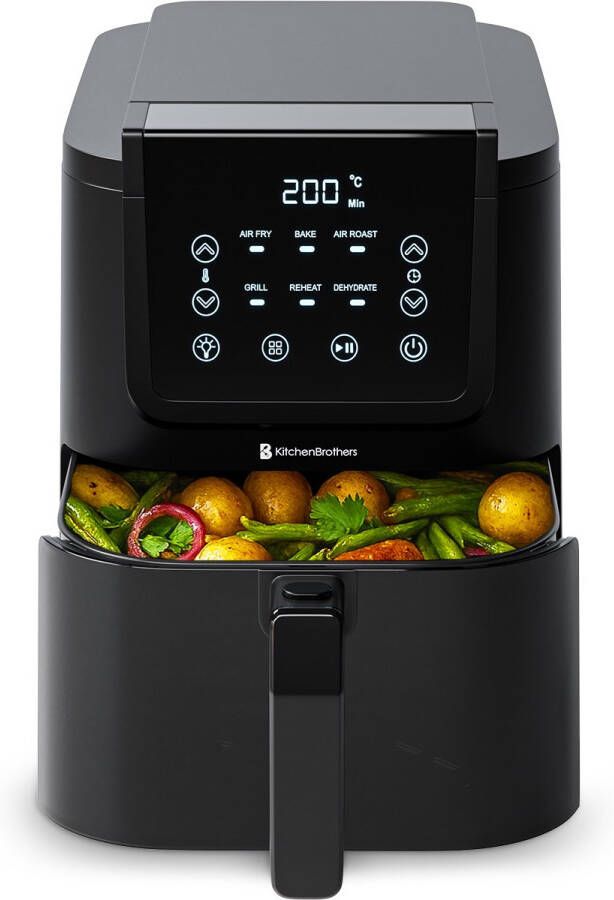 KitchenBrothers Airfryer XL 1500W 5L Heteluchtfriteuse 60ºC tot 200ºC Met kijkvenster Compact design Extra stil 6 Kookprogramma's Zwart