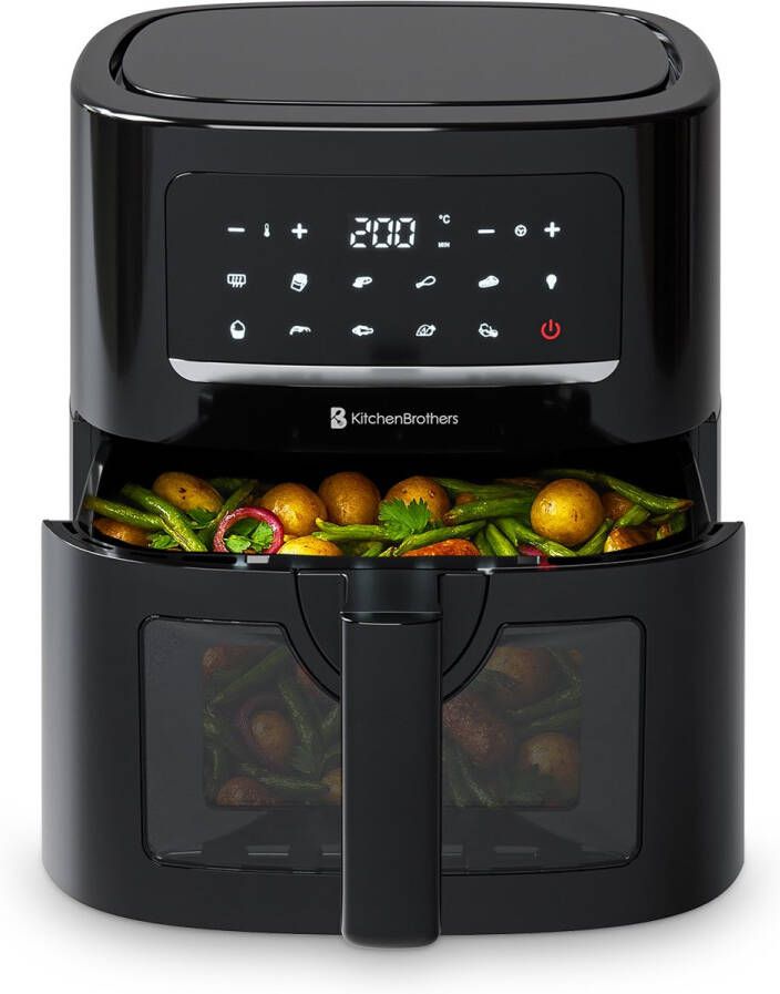 KitchenBrothers Airfryer XL 6L 1600W Heteluchtfriteuse 50ºC tot 200ºC Met kijkvenster 10 Kookprogramma's Zwart