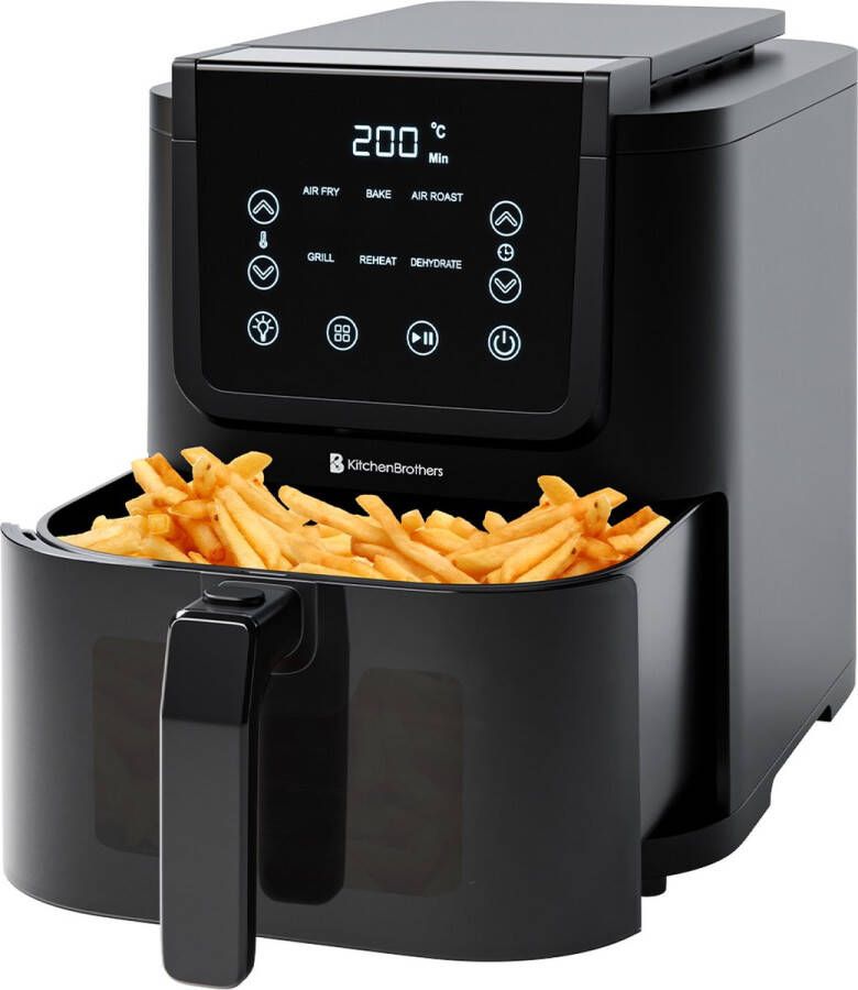 KitchenBrothers Airfryer XL 5L 1500W Heteluchtfriteuse 60ºC tot 200ºC Small design Extra stil 6 Kookprogramma's Zwart