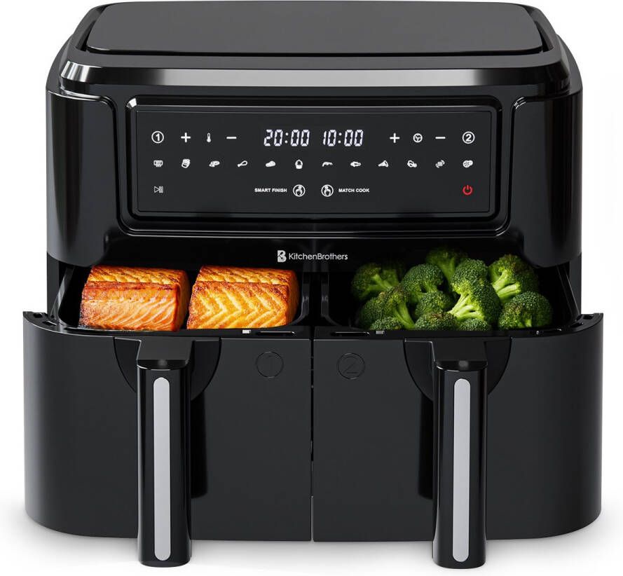 KitchenBrothers Dubbele Airfryer 2400W 9L Heteluchtfriteuse Dual Zone Dubbele Mand 50ºC tot 200ºC 10 Kookprogramma's Zwart