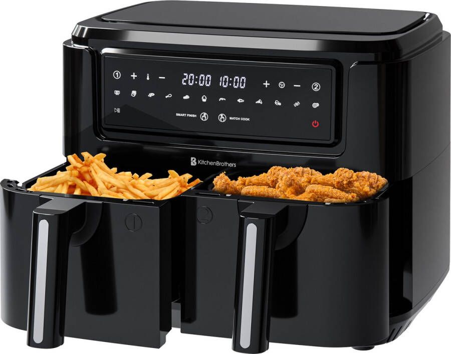 KitchenBrothers Dubbele Airfryer 2400W 9L Heteluchtfriteuse Dual Zone Dubbele Mand 50ºC tot 200ºC 10 Kookprogramma's Zwart - Foto 2