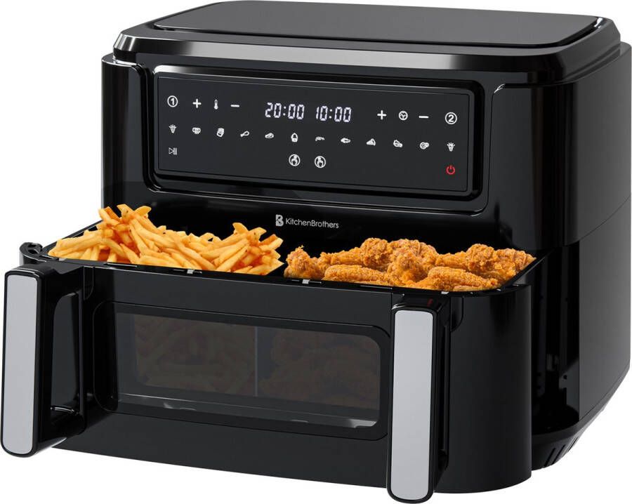 KitchenBrothers Airfryer XXL Dual Zone 9L 2400W Heteluchtfriteuse Snackverdeler 50ºC tot 200ºC 10 Kookprogramma's Zwart