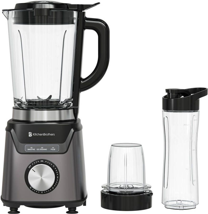 KitchenBrothers Blender Met Drinkfles 1200W 1.5L Smoothie Maker IJscrusher Grijs - Foto 2