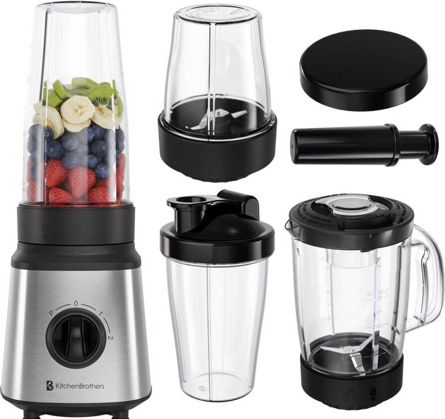 KitchenBrothers Blender Complete Set 2x 750ml Kan Grinder Stamper To-Go Bekers RVS