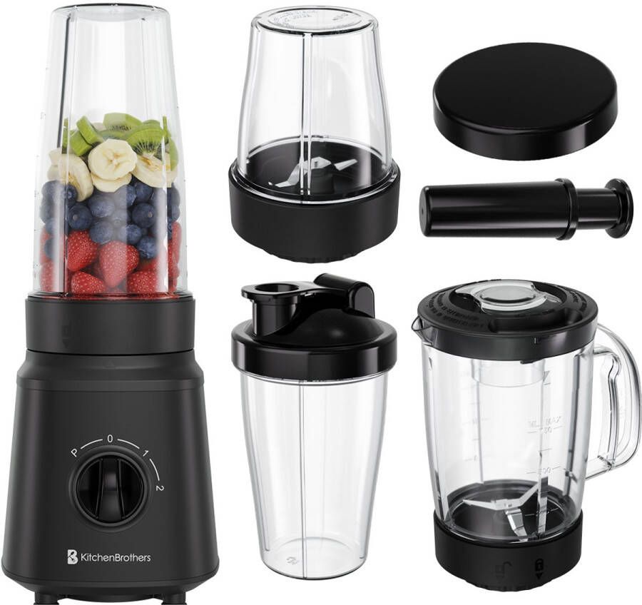 KitchenBrothers Blender Complete Set 2x 750ml Kan Grinder Stamper To-Go Bekers Zwart