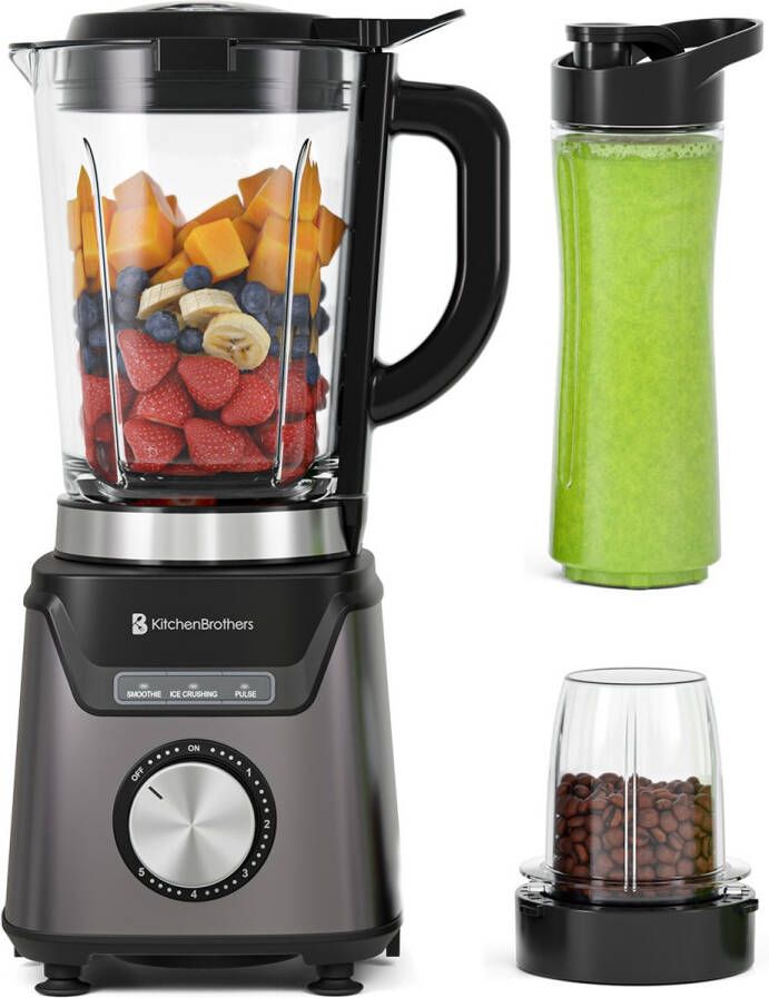 KitchenBrothers Blender Met Drinkfles 1200W 1.5L Smoothie Maker IJscrusher Grijs