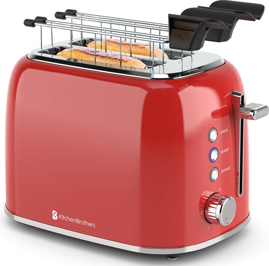 KitchenBrothers Broodrooster met Tostiklemmen Toaster 6 Warmteniveaus Brede Sleuven Broodrooster 870W Rood