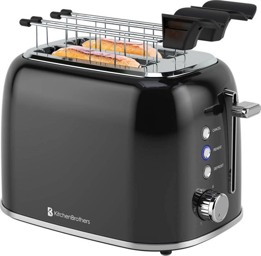 KitchenBrothers Broodrooster met Tostiklemmen Toaster Tosti Ijzer 6 Warmteniveaus Brede Sleuven Broodrooster BPA- en PFAS-vrij 870W Zwart