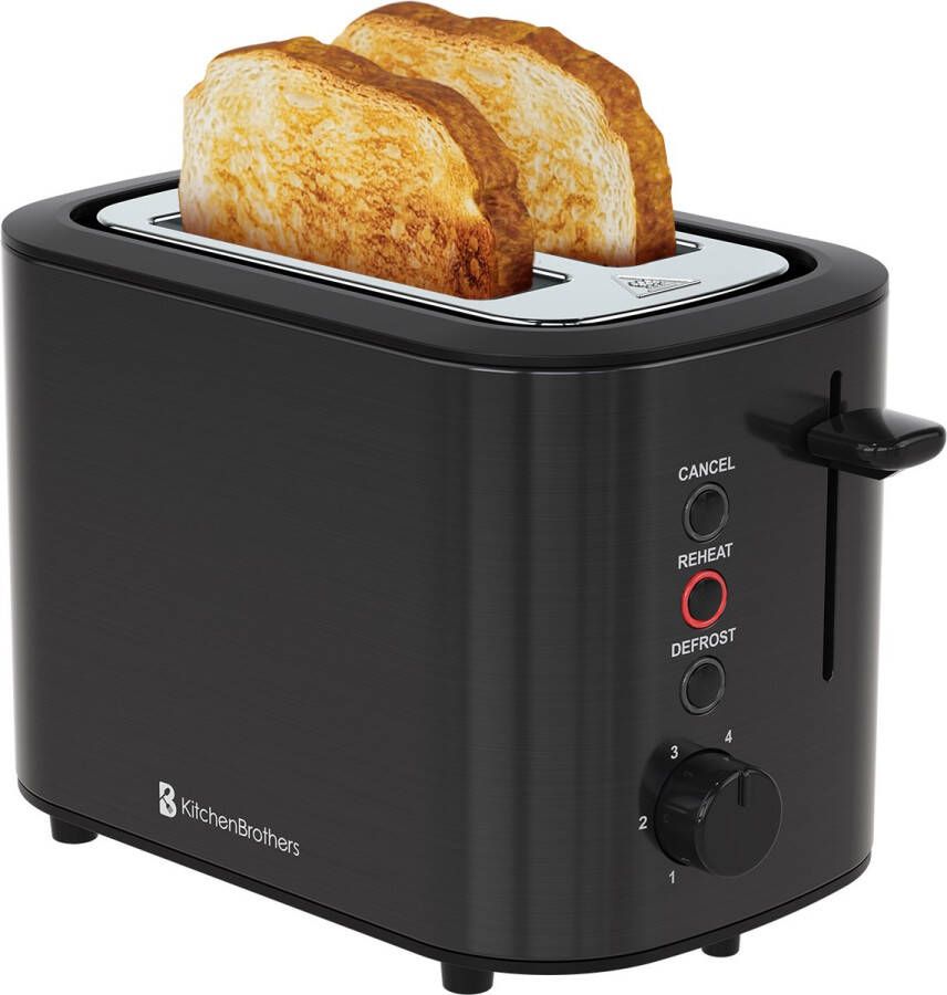 KitchenBrothers Broodrooster Retro Toaster 6 Instelbare Roosterstanden 2 Extra Brede Sleuven 820W Gunmetal Zwart RVS
