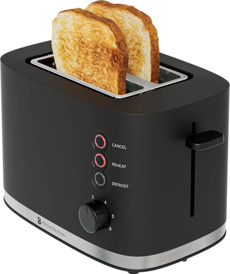 KitchenBrothers Broodrooster Retro Toaster 6 Instelbare Warmteniveaus 2 Extra Brede Sleuven 870W Zwart