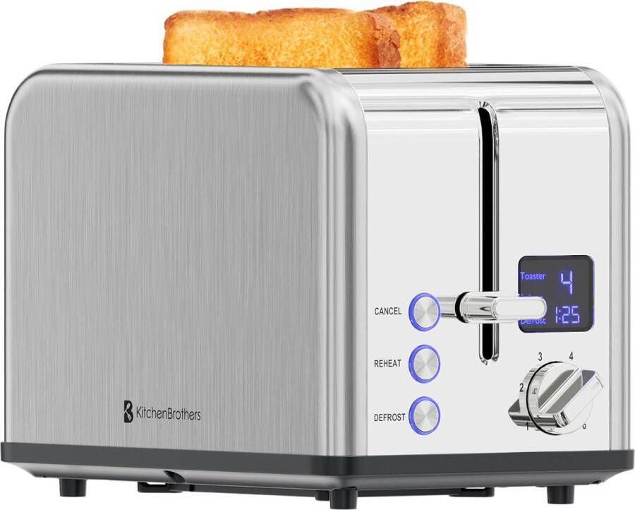 KitchenBrothers Broodrooster Toaster 6 Warmteniveaus 2 Extra Brede Sleuven 815W RVS Zilver