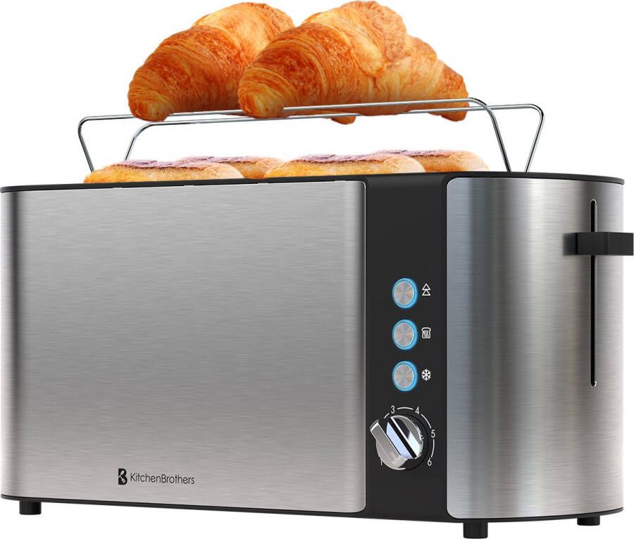 KitchenBrothers Broodrooster Toaster 6 Warmteniveaus 2 Extra Lange Sleuven 1520W RVS Zwart - Foto 1